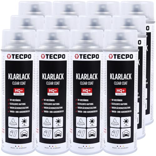 TECPO Acryllack Klarlack, 12x 500ml Sprühlack Spraydose Transparent zur dauerhaften Versieglung Schützen Fixieren für Hochglanz Deckschicht geeignet für Holz, Metall, Aluminium, Glas, Kunststoffe