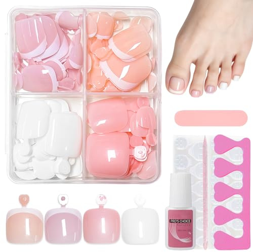 4 Farben French & Einfarbig Fußnägel Zum Aufkleben - 96Pcs Kurz Quadratisch Künstliche Zehennägel - Natürlich French Fußnägel Tips Weiß Rosa Press on Toenails - Sommer Full Cover Fussnägel für Frauen