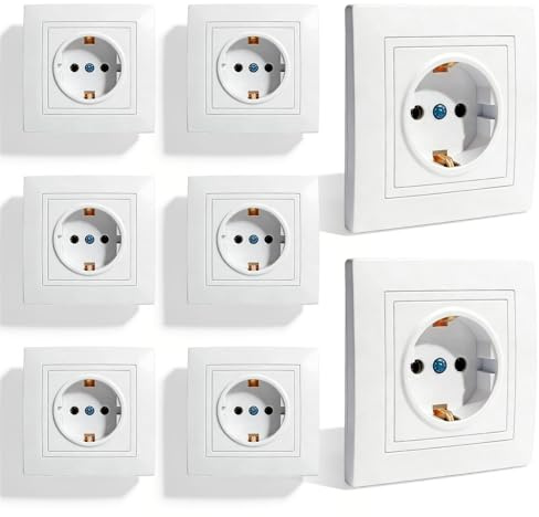 Lot de 8 Prise Electrique Murale 2P+T Schuko, Prise Murale, Encastrée Standard Prises avec Terre 10A 220V, Prise Schuko pour Chambre Cuisine, 82 * 82mm