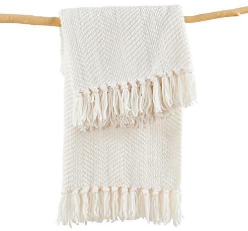 Home Soft Things White Throw Blanket Knitted Tweed Throw 50'' x 60'', Antique White, Super Soft Cozy Warm Comfortable Breathable Throw for Living Room Chair Couch Bed Sofa Bedroom Home Décor