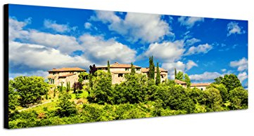 Augenblicke Wandbilder Keilrahmenbild Wandbild 150x50cm Toskana Dorf Bäume Wolken Sommer