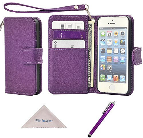 wisdompro Phone Case for iPhone 5s,Premium PU Leather 2-in-1 Protective Folio Flip Wallet Case with Multiple Credit Card Holder/Slots and Wrist Lanyard for iPhone 5,iPhone 5s,iPhone SE (Purple)