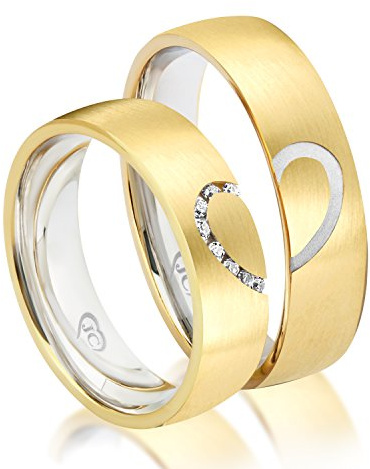 Eheringe mit Herzform Partnerringe Trauringe Verlobungsringe Freundschaftsringe in Gold Plattiert 5,50mm Breit *mit Gravur und Steinen*