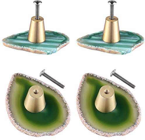 mookaitedecor Set of 4 Green Agate Drawer Knobs with Screws, Irregular Green Knobs Natural Crystal Knobs for Cabinet Kitchen Wardrobe Door Decorative Crystal Stone Cupboard Handles Furniture Decor
