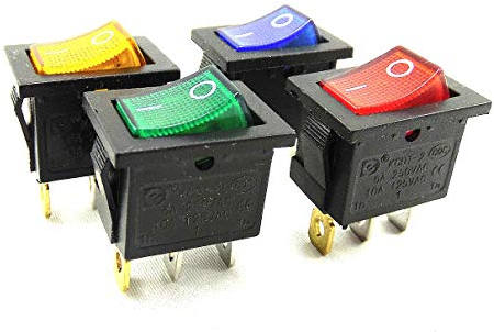 4 Stück Wippenschalter 19 x 13 mm, 6 A, 250 V~ 3 Pin, Wippe Rot, Grün, Gelb, Blau beleuchtet, schwarz