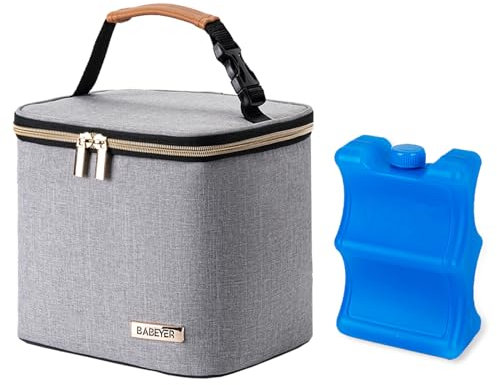 BABEYER Breast Milk Cooler Bag with Ice Pack Fits 4 Large Baby Bottles Up to 5 Ounce, Baby Bottle Cooler Bag Great for Nursing Mom Daycare, Grey