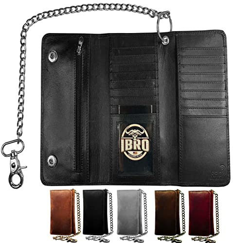 IBRO Motorcycle Chain Wallet for Men – Premium Cowhide Leather, RFID Tri-Fold Biker Wallet with Heavy Duty Chain for Bikers Truckers & Hunters, Credit Card Money Organizer Long Wallet Black