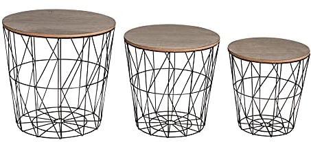 levandeo 3er Set Beistelltisch Metall Metallkorb Drahtkorb Schwarz Braun Couchtisch Deckel Aufbewahrung Design Deko Tisch Home