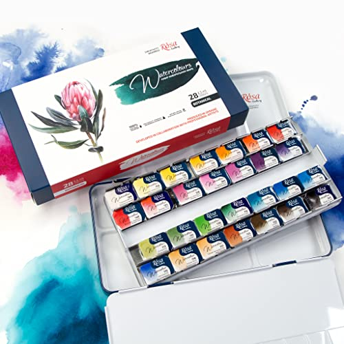 Rosa Gallery Set di acquerelli 'Botanical' palette unica, pentole piene da 2,5 ml, custodia in metallo, acquerelli professionali extra fine (28 padelle)