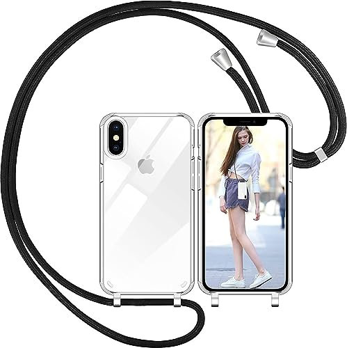 Nupcknn Coque avec Cordon pour iPhone X/XS, Transparent Coque Collier Réglable Téléphone Étui Portable Lanyard Case Protection Complète Cover de iPhone X/XS（Noir 2, 5.8）