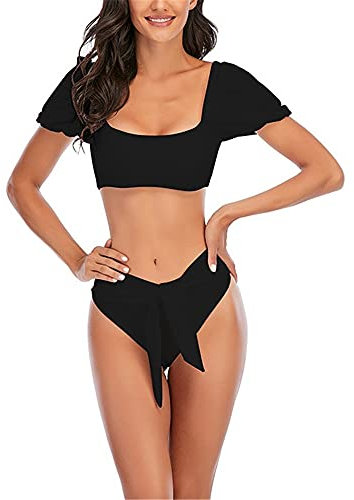 Women High Waisted 2 Piece Swimsuits Puff sleeve Top with Bikini Bottom Strappy Lace Up Bikini Sets, Black, Large