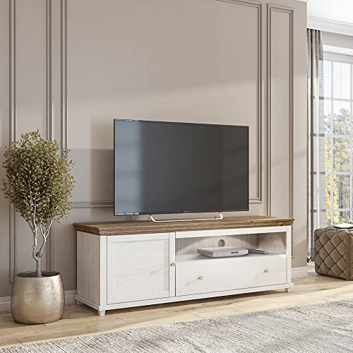 TV Lowboard mit LED Beleuchtung Landhaus weiß Abisko Esche Nb. mit Lefkas Eiche Nb., B/H/T: ca. 181/61/49 cm