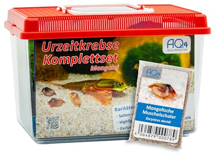 AQ4Aquaristik Premium Mongolische Muschelschaler Komplett-Set mit Urzeitkrebse Eiern, 6 l Becken, LED-Beleuchtung, Zuchtansatz, Heizung, Filter, Luftpumpe, Kescher, Futter, Zubehör, Anleitung