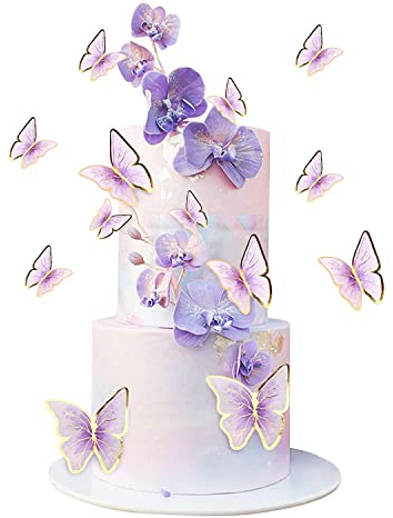 Blumomon 30Pcs Lively 3D Butterfly Cake Topper Decorations Purple Gold Edge Mixed Size Butterfly Cupcake Picks for Girls Women's Happy Birthday Wedding Party Cake Wall Party Food Decorations