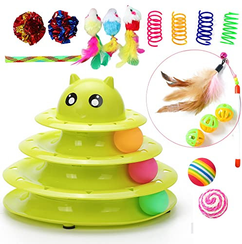 Vealind Cat Toys Pet Interactive Fun Roller Exerciser 3 Level Cat Teaser Ball Toy with Colorful Balls Kitten Toys Set 17 Pack (Green)