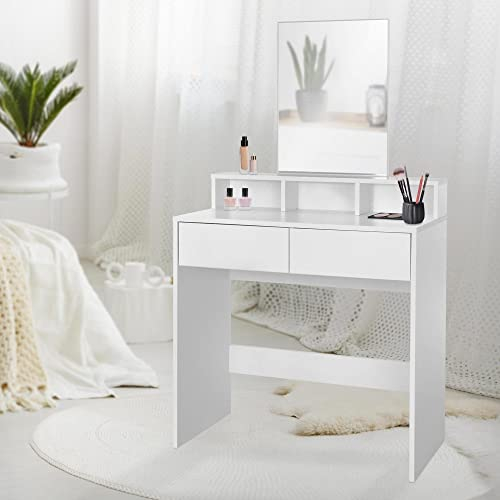 ML-Design Schminktisch, Frisiertisch mit rechteckigem Spiegel und 2 Schubladen, 80 x 40 x 140 cm, Weiß, modern, Kosmetiktisch mit 3 offenen Fächern, Frisierkommode Schminkkommode Kommode Make-up Tisch
