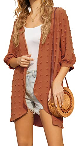 Hotouch Damen Cardigan Sommer Strandkleid Bikini Cover Up Sommer Kimono Strandbluse Elegant Bademode Strand Vertuschen Shirt Leicht Strandponcho Cardigan Orange XXL