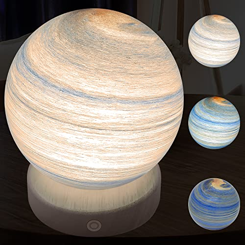 ALEENFOON Handmade Blown Glass Ball 3D Planet Table Lamp, Dimmable Mood Night Light Astronomy Ornament, 3 Colors Touch Control USB Rechargeable Battery Powered Planet Light with Wooden Base, 12CM