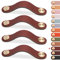 LEREATI Leather Drawer Handles & Knobs - 4pcs Kitchen Cupboard Handles & Pulls, Door Knobs for Cupboards, Wardrobe, Dresser, Closet (Brown, 96mm Hole Center)
