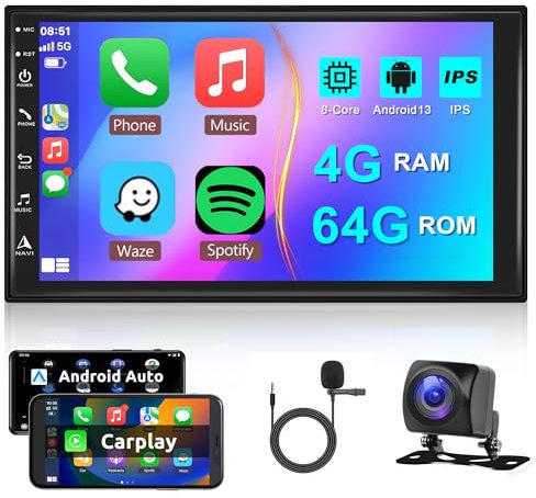 4G 64G 8 Core Double Din Carplay Android Car Stereo with Wireless Carplay Android Auto, Rimoody 7 Inch 2 Din Touchscreen Car Radio Bluetooth GPS 4G WiFi FM Mirror Link DSP Voice Control Backup Camera
