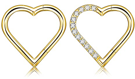 Longbeauty G23 Titan 16G Klicker Herzform Piercing Ring Segmentring Ohrpiercing Daith Helix Tragus Knorpel Ohrringe, Gold, 8MM, 2 Pcs