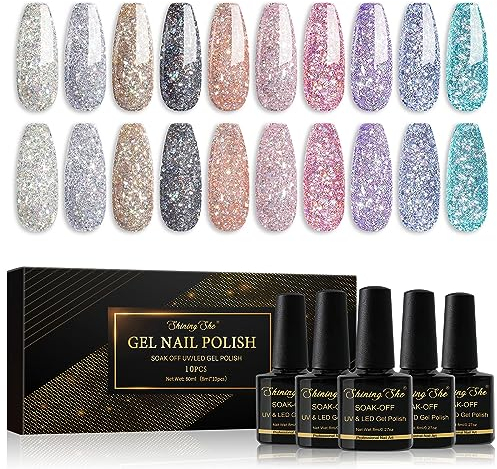 Shining She UV Gel Nagellack Glitzer - 10 Farben Sparkly Shiny Soak-Off für Anfänger Kunst Salon DIY - 8ML