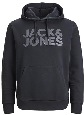 JACK & JONES Herren Hoodie Kapuzenpullover Pullover Hoody JJECORP - S M L XL XXL, Größe:XS, Farbe:Black Large Print/W Black 12152840