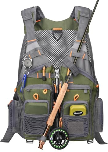 Gonex Fly Fishing Vest for Men Women, Comfortable Adjustable Fishing Vest with Multi-Pockets Reflective Stripes, Green+Gray