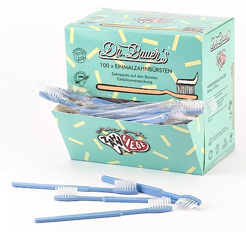 Dr. Bauer's Einmalzahnbürsten mit Zahnpasta - 100er Pack - Nachhaltige Einwegzahnbürste Ideal für Reisen, Zahnärzte, Hotels - umweltfreundlich mit Strohanteil in praktischer Spenderbox (blau)