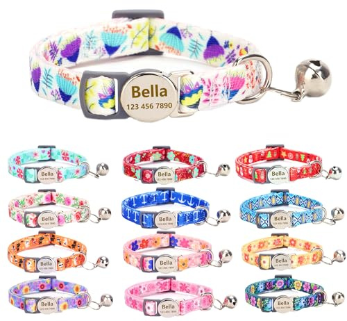 Moonpet Collar de gato personalizado con nombre de identificación, placa de número de teléfono, patrón floral grabado personalizado, collar de gatito con campana, flor blanca