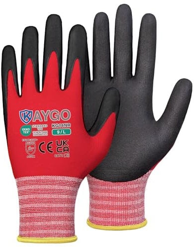 KAYGO Safety Work Gloves MicroFoam Nitrile Coated 3 Pairs, KG18N, Seamless Knit Nylon Glove with Abrasion and Oil Resistant Grip, Ideal for General Purpose, Automotive, DIY (Large, Red)