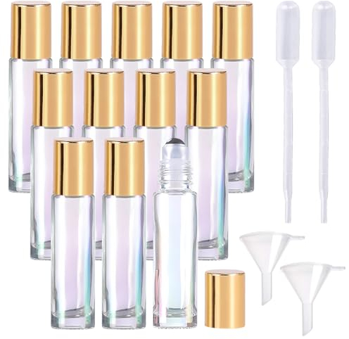 12 Stück Ätherische Öle Roller Flaschen,Glas Roller Flaschen,Roll On Flasche Leer 10ml mit Edelstahl Roller Bällen,Nachfüllbar Roll-on Multicolor Glasflaschen für Ätherisches Öl Aromatherapie Parfüm