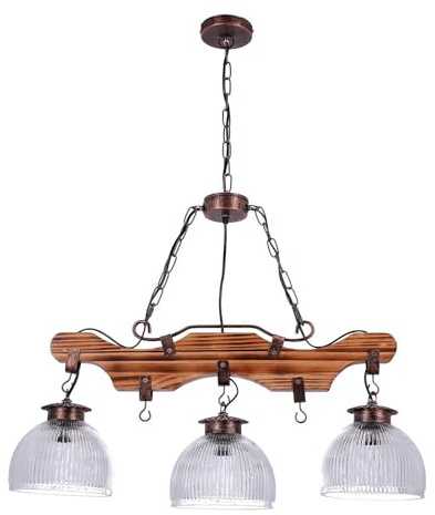 TIBU Holz Lampe Vintage Holz Hängelampe Esstisch Wohnzimmer E27 höhenverstellbar Bügel 3 flammig