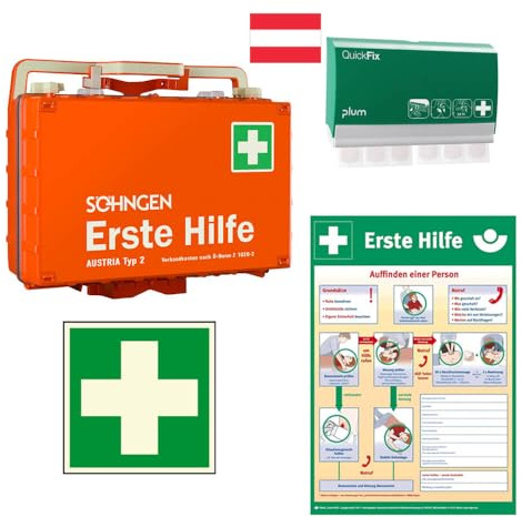 TMS PRO SHOP Erste-Hilfe-Koffer DYNAMIC-GLOW L, orange, Ö-Norm Typ 2, mit Wandhalterung, Pflasterspender und Zubehör, Art.-Nr. 610508 | Verbandskasten | Notfallkoffer | Erste Hilfe Kasten