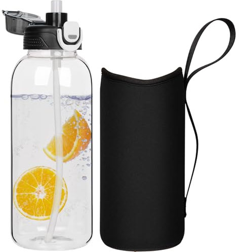DEARRAY 1.5l Glass Water Bottle with Straw & Neoprene Sleeve 1.5 litre BPA free Large Glass Drinking Bottle Leakproof