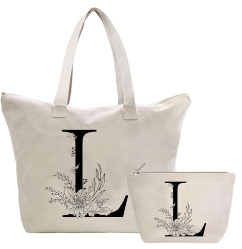 Personalisiert Initialen Tragetasche Canvas, Kosmetiktasche mit Reißver, Damen Handtasche Tote Bag, Einkaufstasche Geschenk für Frau Freundin Mama Schwester, Braut & Brautjungfern Schminktäschchen L