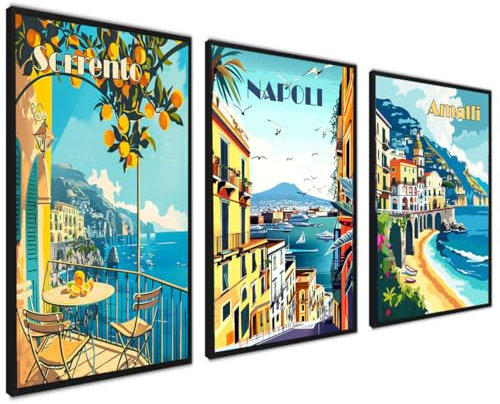 ag.art deco Italien Poster 30x40 | 3x Bilder mit Schwarz Rahmen | Amalfi Naples Sorrento Zitronen Travel Poster Set Wohnzimmer Schlafzimmer | Mediterran Reisen Aesthetic