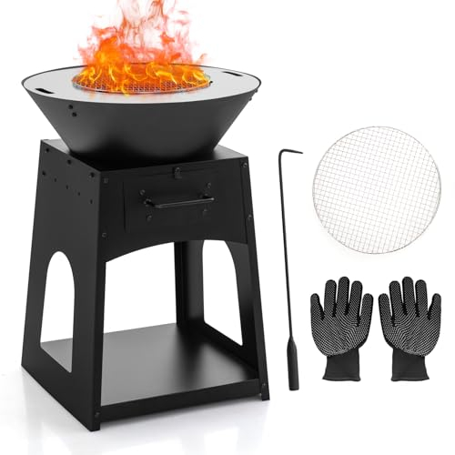 COSTWAY Feuerstelle mit Grillrost, Aschekasten, unterem Staufach, Feuerschale, inkl. Schürhaken & Handschuhen, Fire Pit für Camping, Garten, Terrasse