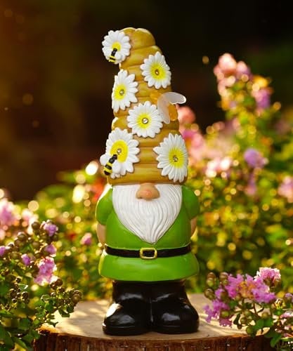 Yeomoo Gartenzwerge Lustig Gartendeko mit Blumen Solarlampen für Außen: Gartenzwerg mit Biene Gartenfiguren Deko Garten für Draußen Geschenke für Frauen Mama Geburtstagsgeschenk Balkon Terrasse Deko