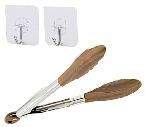 Bamyli Pinces de cuisine pour la cuisine avec pointes en bois, anti-adhésives, résistantes à la chaleur, pinces alimentaires en bois de 22,9 cm avec 2 crochets pour barbecue, salade, grille-pain,