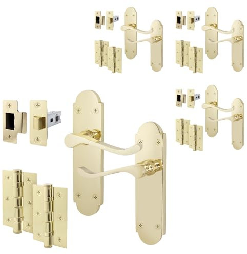 EAI Polished Brass Door Handle Latch Set - Victorian Scroll Shaped | 4 Pairs of Internal Latch Handles & Latches (64mm)