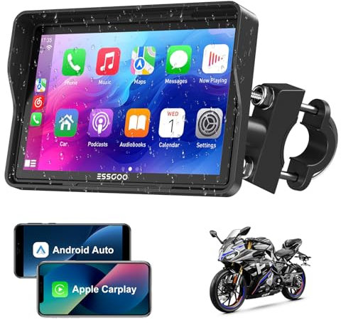 ESSGOO CarPlay para la mayoría de Las Motocicletas, con Soporte en U, inalámbrico CarPlay/Android Auto, Pantalla de 5 Impermeable, Audio Bluetooth, navegación GPS, Siri/G-oogle Asistente