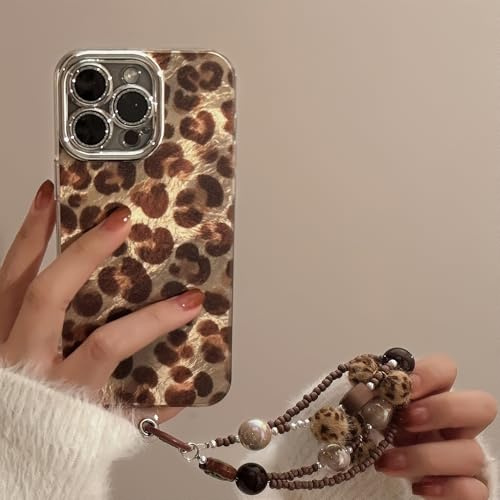 Rokmym Compatible avec Coque iPhone 13 Couverture avec Glitter Perle Bracelet Chain Strap,Case Bijoux de Telephone Léopard Motif Design Brillant Pearl Femme Housse pour iPhone 13,02