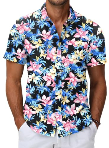 HMIYA Herren Hawaii Hemd Männer 100% Baumwolle Unisex Kurzarm Vordertasche Button Down Sommer Freizeit Urlaub Strand