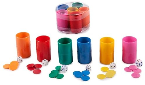 Lot de 6 seaux en plastique pour parchis et oie avec dés et jetons, multicolore (set de 6 cubes)