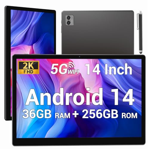 BEYNIVAN Tablet 14 Pollici 5G WiFi,Android 14 Tablet 36GB RAM+256GB ROM,20W/11580mAh,2000 * 1200 incell FHD+,13MP+8MP,Face ID/GPS/BT 5.0/TÜV/USB-C,Grigio