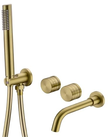 Sailainuo Brushed Gold Brass Wall Mounted Bath Shower Mixer Tap | Bathroom Bathtub Concealed Faucet, Spout and Handheld 2 Functions Systems, Tub Filler Shower Attachment