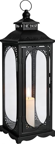Laterne Schwarz für Kerzen Deko, 35 cm Gartenlaterne Metall für Draußen, Windlichter Outdoor, Grablaterne Friedhof Wetterfest Laternen Vintage für Drinnen Garten Terrasse Halloween Weihnachten