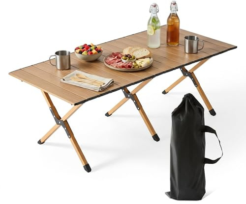 Relaxdays Campingtisch, klappbar, HxBxT:44 x 120 x 60 cm, Stahl & Kunststoff, Tragetasche, Holzoptik, Gartentisch, Natur
