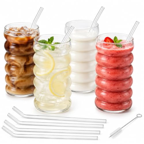4er 500ml Eiskaffee Gläser Bubble Gläser Set mit Glasstrohhalm Matcha Gläse | Kaffee Gläser mit Pinsel Latte Gläser Matcha Glas Wassergläser für Cocktail Matcha Soda Frappe Milchshake